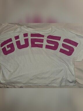 GUESS Cropped White Tee with Pink Logo Front And Back Size Large